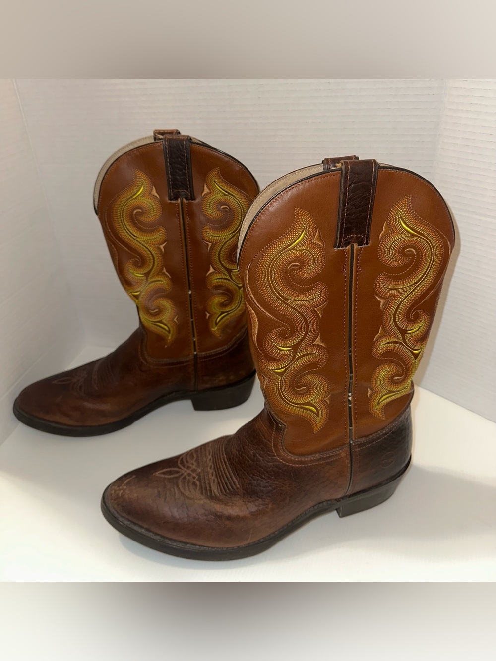 Double H Brown Leather Cowboy Boots with Yellow Embroidery